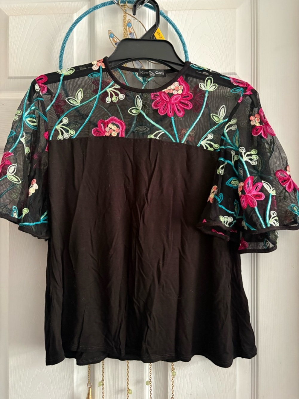 Kim & Cami Black Top with Pink & Teal Floral Embroidery